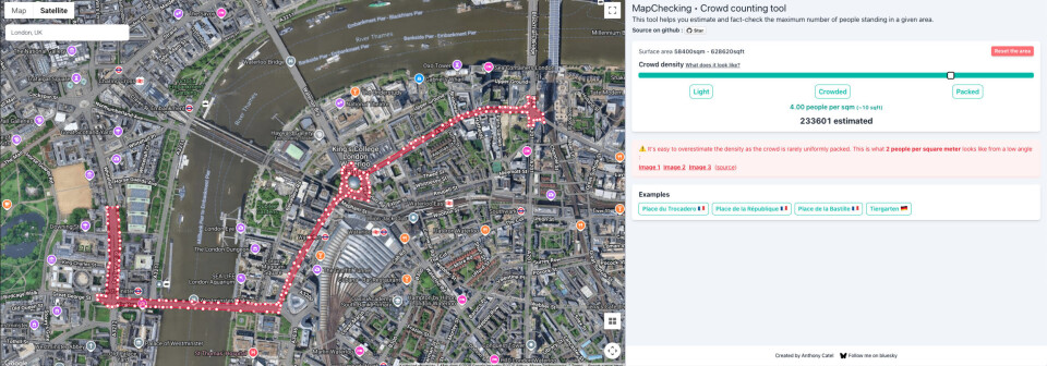 Dette er ruten som demonstrantene tok under «Unite the Kingdom»-marsjen. Starten er til høyre i bildet mellom Southwark og Blackfriars, og enden er ved en storskjerm cirka midt i gaten Whitehall.