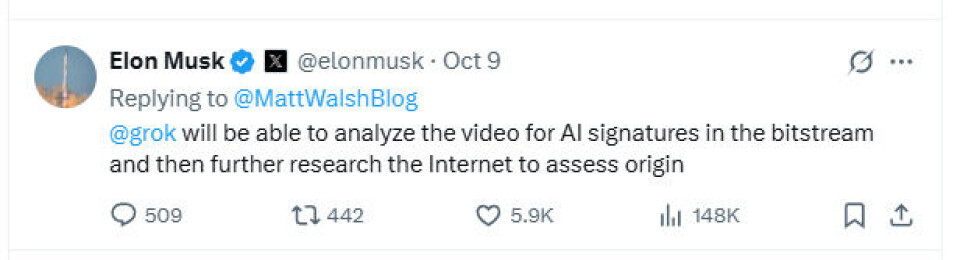 Elon Musk lover at Grok vil klare å avsløre KI-genererte videoer.