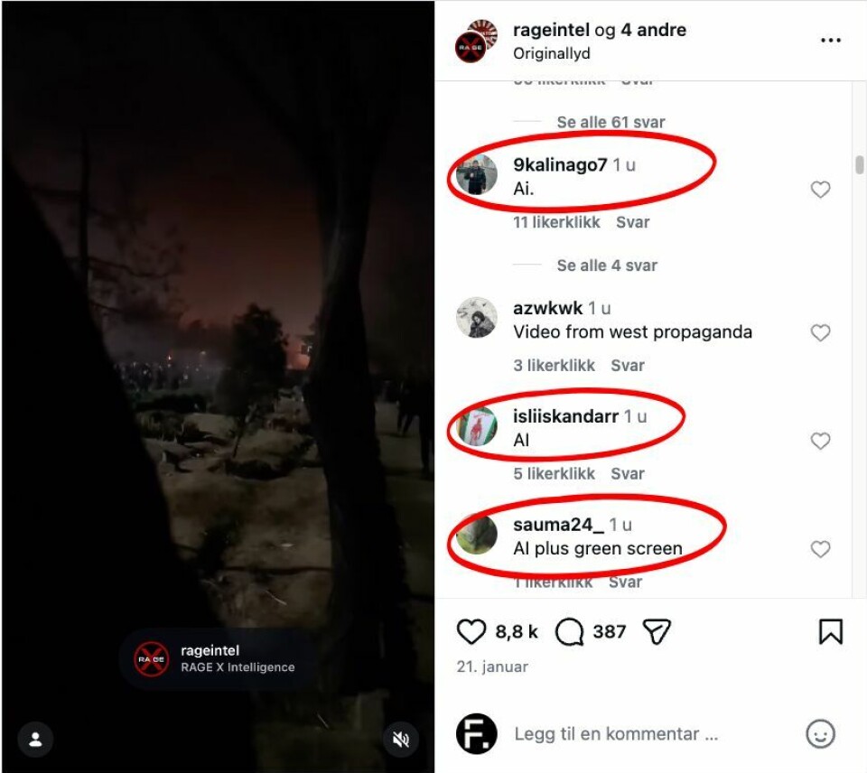 Minst 30 kontoer har kommentert at videoen er laget med KI. De fleste har ikke et gjenkjenbart profilbilde.