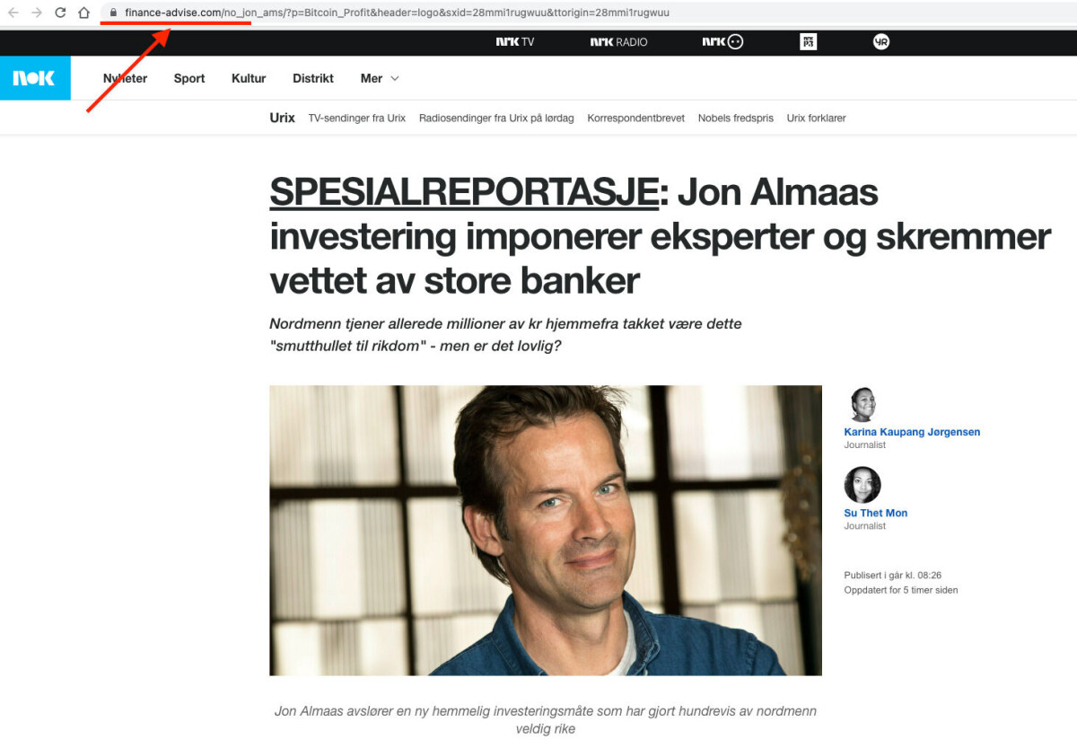 Jon Almaas misbrukes i falsk bitcoin-reklame.